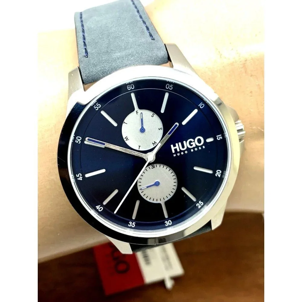 Hugo Boss Men's Watch 1530121 Quartz Blue Dial Silver Case Leather Band 41mm